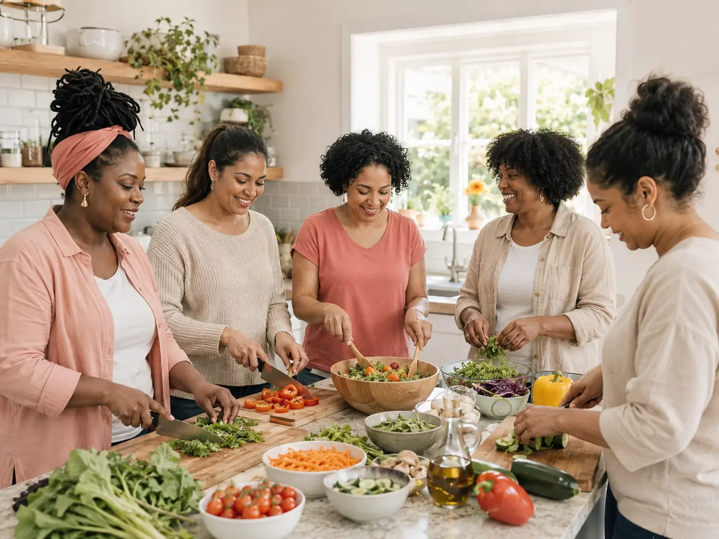 Women preparing a colourful, healthy meal together at a Womb Wellness cooking session